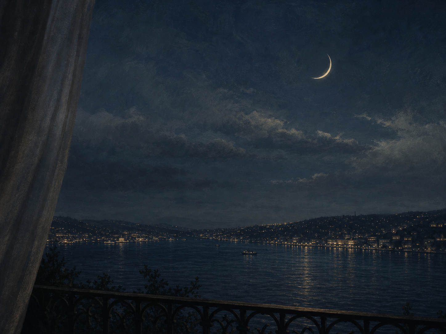 Hilal ışığında bir balkondan Boğaz manzarası