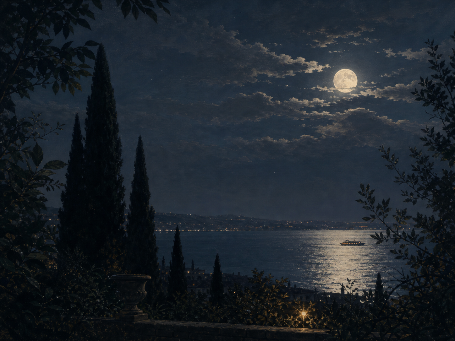 Ay ışığında bir İstanbul bahçesinden deniz manzarası