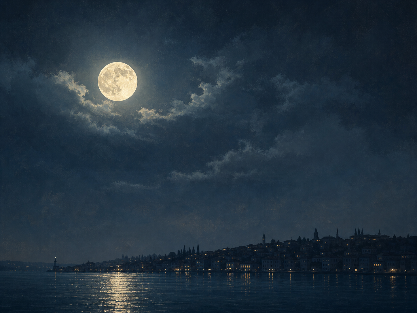 Ay ışığı altında İstanbul kıyıları ve gece manzarası